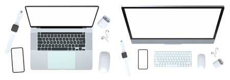 Top view of laptops, smartwatches, smartphones, earbuds, and mice arranged neatly and isolated on a...