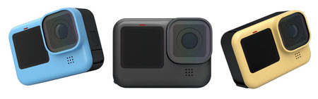Set of compact action cameras, isolated on white background, concept of tech variety.