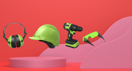 Various construction tools and safety equipment floating over podium on abstract background,...