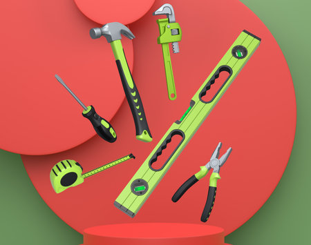 Various construction tools and safety equipment floating over podium on abstract background,...