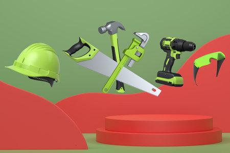 Various construction tools and safety equipment floating over podium on abstract background,...