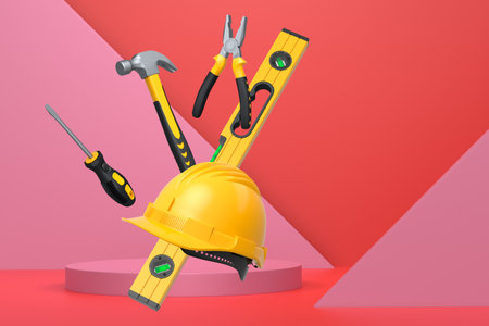 Various construction tools and safety equipment floating over podium on abstract background,...
