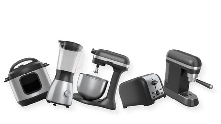 Collection of modern kitchen appliances in metallic style isolated on white background, representing household cooking equipment essentialsの写真素材