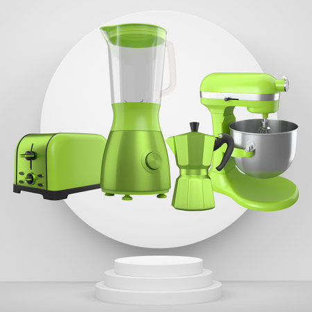 Set of kitchen appliances and utensils floating in mid-air over podium and abstract background, showcasing modern cooking conceptsの写真素材