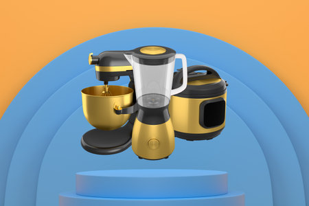Set of kitchen appliances including a pressure cooker, blender, and mixer floating over podium on...