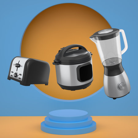 Set of kitchen appliances including a pressure cooker, blender, and toaster floating over podium on...