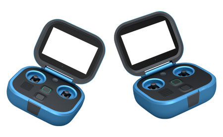 Flying photo and video drone remote on white background. 3D rendering of device for delivery or...