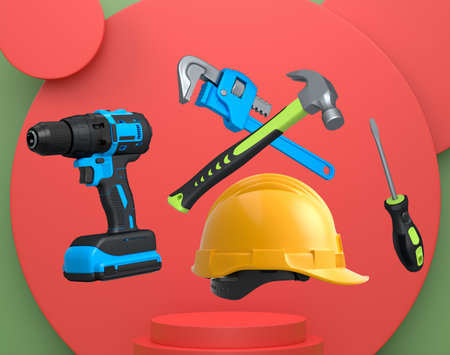 Various construction tools and safety equipment floating over podium on abstract background,...