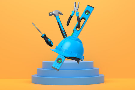 Various construction tools and safety equipment floating over podium on abstract background,...