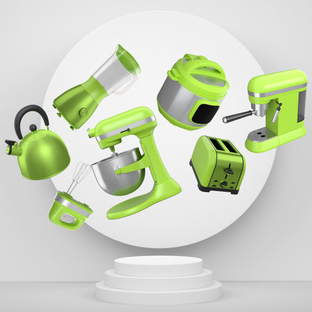 Set of kitchen appliances including mixer, toaster, blender, and coffee maker on white podium and background, modern minimal conceptの写真素材