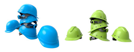 Set of construction safety helmets isolated on white transparent background, symbolizing safety and...