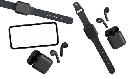 Set of smartwatches, wireless earbuds, and smartphones isolated on white background, showcasing tech...