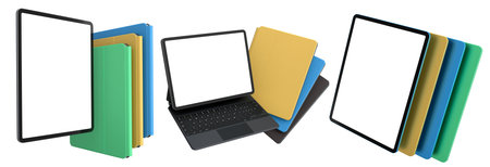 Multiple black-framed digital tablets stacked with colorful sheets, isolated on white background,...