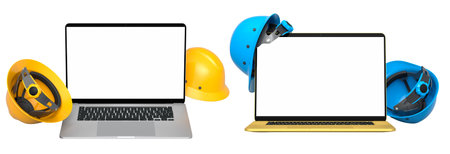 Laptops with blank screens surrounded by construction helmets, respirators and earmuffs isolated on...
