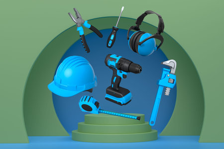 Various construction tools and safety equipment floating over podium on abstract background,...