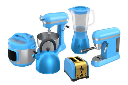 Set of kitchen appliances including toaster, blender, mixer, kettle, and cooker shown isolated on...