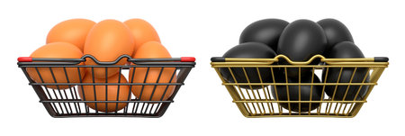 Wire baskets filled with eggs, isolated on white transparent background, concept of kitchen storage.