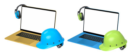 Laptops with blank screens surrounded by construction helmets, respirators and earmuffs isolated on...