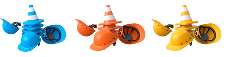 Stack of construction helmets and traffic cones isolated white background with clipping path,...