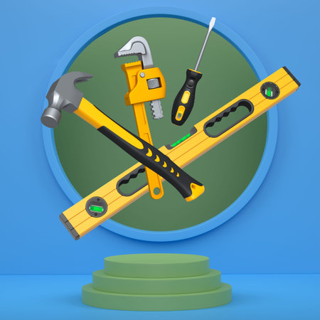 Various construction tools and safety equipment floating over podium on abstract background,...