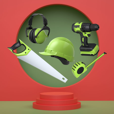 Various construction tools and safety equipment floating over podium on abstract background,...