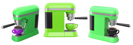 Set of colorful espresso coffee machines with matching cups, isolated on white background, concept of modern kitchen appliances.の写真素材