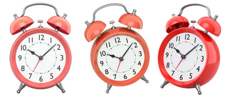 Classic twin bell alarm clocks with chrome details shown side by side, isolated on white background,...