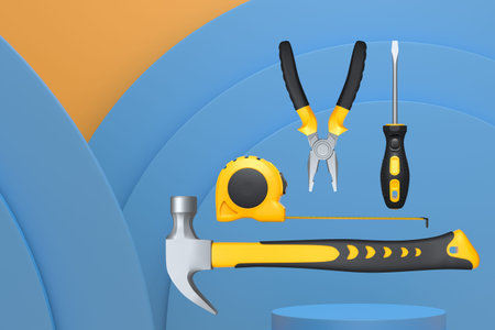 Various construction tools and safety equipment floating over podium on abstract background,...