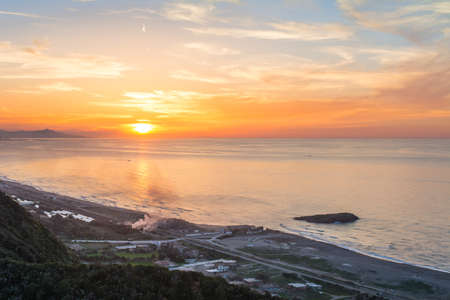 Beautiful aerial view of Mediterranean sea at sunset, a small island in Mediterranean with sunset, a picture from the mountain, the beauty of the Mediterranean sea, mediterranean sky,  Jijel, Algeriaの写真素材