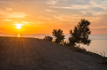 A mountain road, at the end of which is sunset and sea, sky and clouds and way, Beautiful view of a road leading to sunset with small trees, Warm sunshine and orange sky, jijel algeria.の写真素材