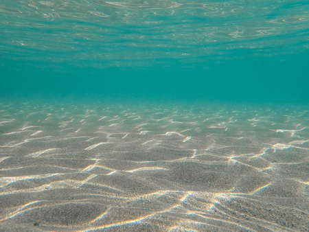 underwater blue ocean wide background with sandy sea bottom, Real natural underwater view of the Mediterranean Seaの写真素材