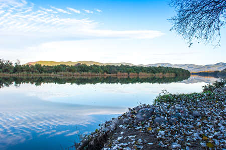 Reflection of trees and blue sky in the great river in the middle of the green forest, leaves on the ground in the river bank, the great rivers of Africa Jijel Algeria North Africaの写真素材