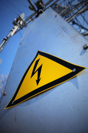 High Voltage Danger Sign on electric postの写真素材