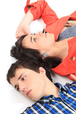 Young love couple smiling. Over white backgroundの写真素材