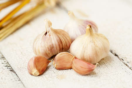 Homegrown garlic on vintage table