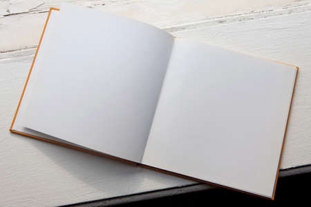 Open blank brochure on a wooden table