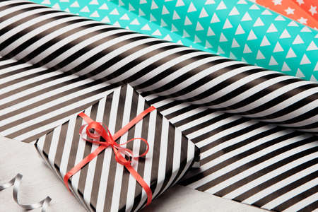 Gifts and wrapping paper. Christmas background. Birthday backgroundの写真素材