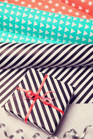 Gifts and wrapping paper. Christmas background. Birthday backgroundの写真素材