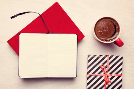 Christmas holiday celebration. View from above with copy space. Making a gift list. Valentines day. Birthday celebrationの写真素材