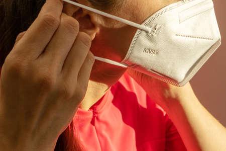 Young woman wearing KN-95 protection medical mask. Prevention of the spread of virus and epidemic,...