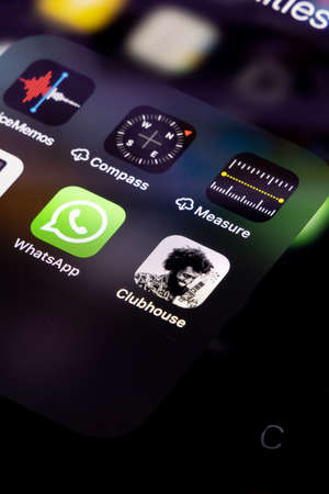 Clubhouse application view on the smartphone, controversy 2021 that hides behind the Social app. Clubhouse drop in audio chat application view on the smartphoneのeditorial素材