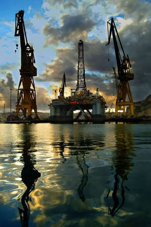 Oil rig being repaired in dockyards, Malta, Europe.