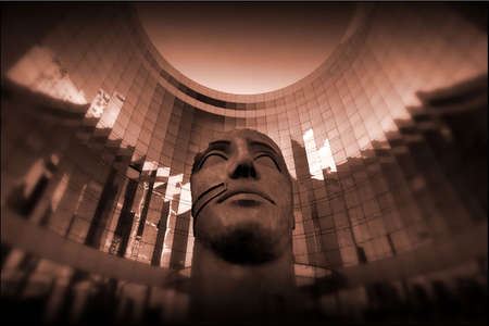 Modern architecture with face sculpture, La Defence, Paris, Franceの写真素材