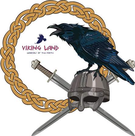Black crow sitting on a Viking helmet with two crossed swords on background Scandinavian pattern, vector illustration, eps-10のイラスト素材