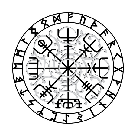 Vegvisir, the Magic Navigation Compass of ancient Icelandic Vikings with scandinavian runes, isolated on white, vector illustrationのイラスト素材