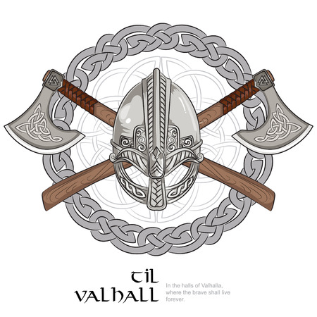 Viking helmet, crossed viking axes and in a wreath of Scandinavian pattern, vector illustrationのイラスト素材