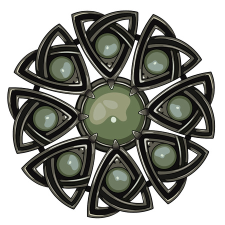 Scottish brooch. The legacy of the Scottish knights. Decorated with green agate, isolated on white, vector illustrationのイラスト素材