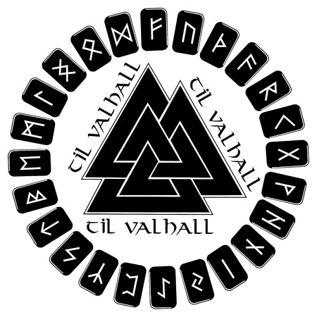 A circle of planks to put on them in the Scandinavian runes, futhark end sign of Odin - Walknut,...
