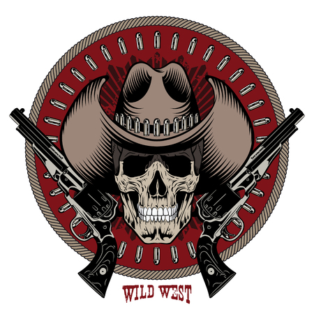 Design Gunfighter. Skull in cowboy hat, two crossed gun and bullets, isolated on white, vector illustrationのイラスト素材