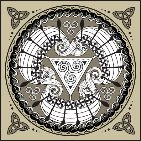 Viking Drakkar. Viking Drakkar. Design of the three Scandinavian ships Drakkar, vector illustrationのイラスト素材